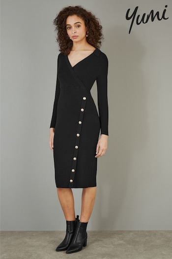 Yumi Black Knitted Midi Dress With Asymmetric Button Details (AT7587) | £65