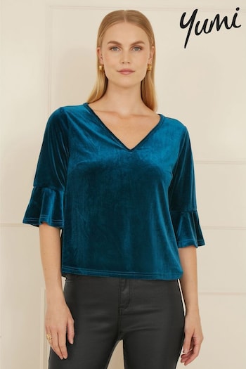 Yumi Blue Velvet Relaxed Fit Top With Fluted Sleeves (AT7591) | £50