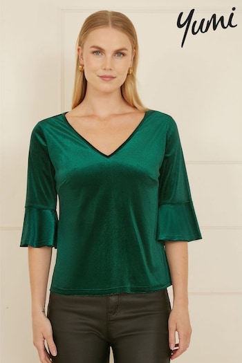 Yumi Green Velvet Relaxed Fit Top With Fluted Sleeves (AT7718) | £50