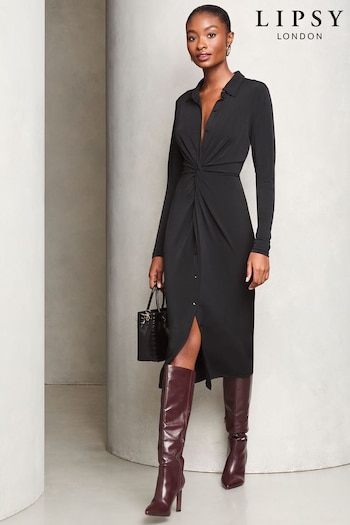 Lipsy Black Jersey Knot Front Midi Shirt Dress (AT8530) | £56