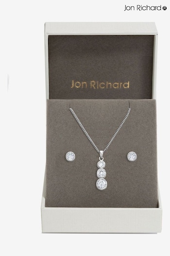 Jon Richard Silver Cubic Zirconia Bezel Stick Pendant And Earrings - Gift Box (AT8578) | £25