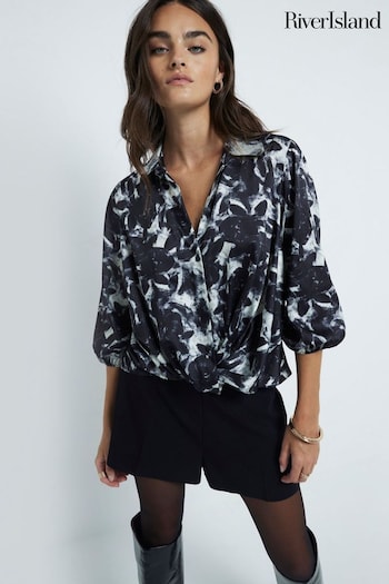 River Island Black Long Sleeve Floral Wrap Shirt (AT8980) | £35