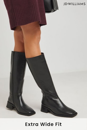 JD Williams Black Low Block Heel Leather Knee High Boots In Extra Wide Fit Super Curvy Calf (AT9157) | £89