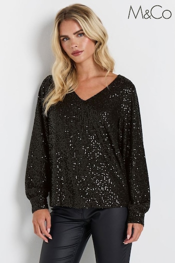 M&Co Black Petite V-Neck Long Sleeve Sequin Top (AT9891) | £47