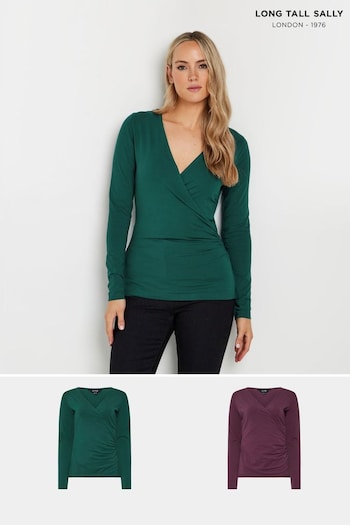 Long Tall Sally Green Cotton Long Sleeve Wrap Top 2 Pack (AU0221) | £36