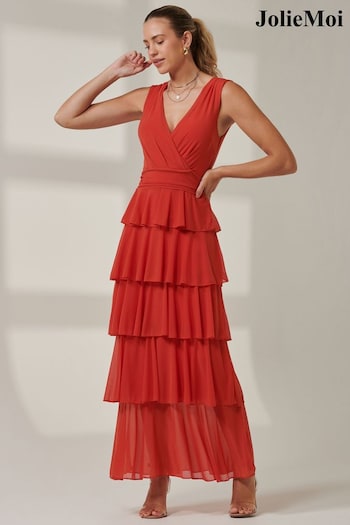 Jolie Moi Orange Plain Tiered Mesh Maxi Dress (AU0306) | £95