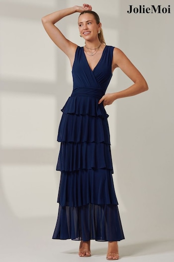 Jolie Moi Blue Plain Tiered Mesh Maxi Dress (AU0319) | £95