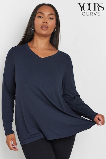 Yours Curve Blue Ribbed Elevated Long Sleeve Top (AU0349) | £24