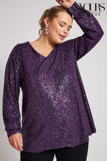 Yours Curve Purple London Sequin V-Neck Long Sleeve Top (AU0377) | £50