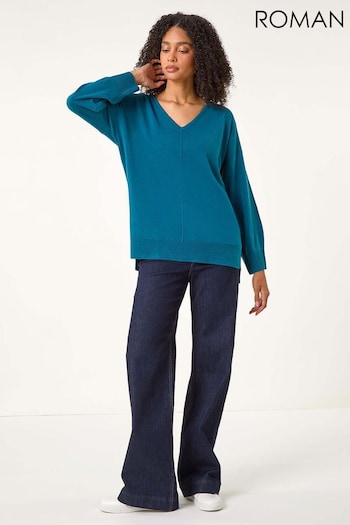 Roman Blue Soft V-Neck Side Split Knit Sweater (AU0847) | £32