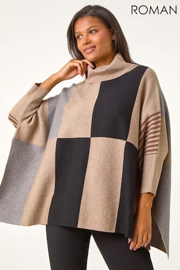 Roman Brown Check Colour Block Knit Poncho (AU1053) | £42