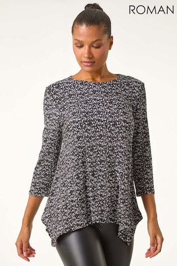 Roman Grey Printed Plisse Hanky Hem Tunic Stretch Top (AU1061) | £32