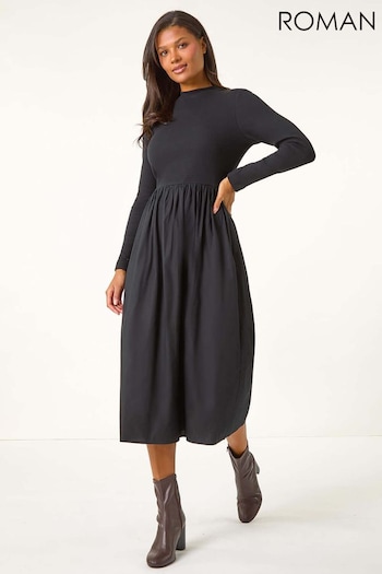 Roman Black Cotton Stretch Jersey Mix Midi Dress (AU1078) | £42