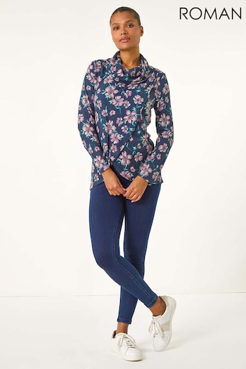 Roman Blue Cowl Neck Floral Snit Top (AU1079) | £35