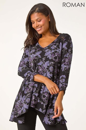 Roman Purple Crochet Trim Floral Print Top (AU1087) | £35