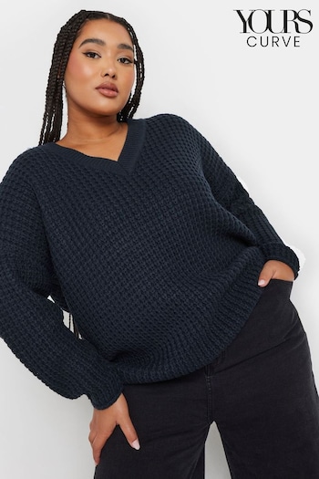 Yours Curve Blue V-Neck Waffle Jumper (AU1879) | £29