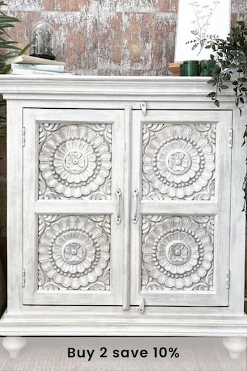 Kirei Home White Hand Carved Mango Wood 2 Door Sideboard (AU2399) | £595