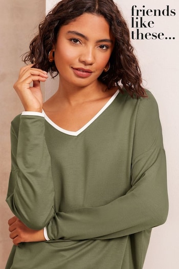 Friends Like These Khaki Green Soft Jersey V-Neck Long Sleeve Tipped Tunic (AU2550) | £26