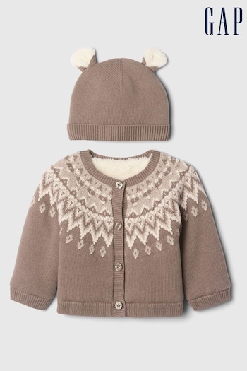 Gap Brown Fair Isle Cosy Cardigan Jumper And Beanie Set (Newborn-24mths) (AU3567) | £30