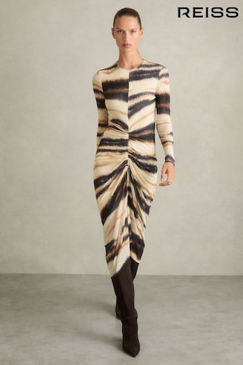 Reiss Neutral/Navy Georgia Printed Jersey Ruched Midi Dress (AU4870) | £198