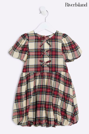 River Island Red Girls 100% Cotton Check Bow Puff Sleeve Dress (AU5119) | £24