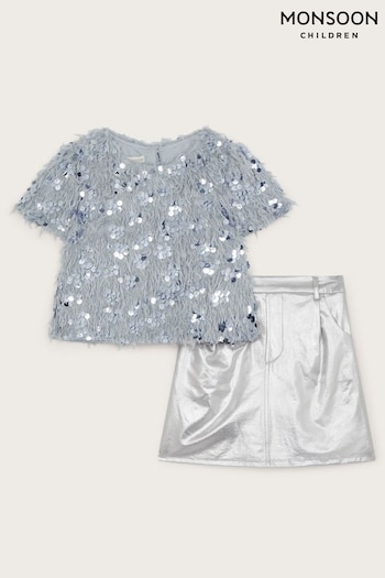 Monsoon Silver Sequin Feathery T-Shirt and Metallic Skirt Set (AU6179) | £50 - £56