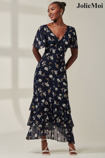 Jolie Moi Blue Angel Sleeve Tiered Hem Maxi Dress (AU6833) | £85