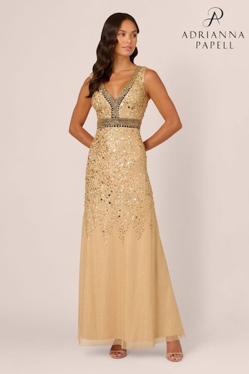 Adrianna Papell Gold Bead Metallic Long Dress (AU7289) | £349