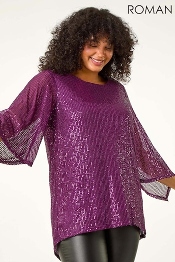 Roman Purple Curve Sequin Flared Sleeve Top (AU7334) | £38