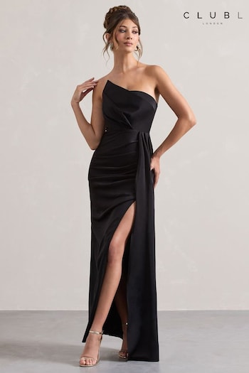 Club L London Black Hollywood Satin Strapless Draped Maxi Dress (AU7584) | £95