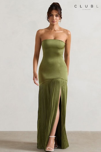 Club L London Green Confidence Satin Bandeau Pleated Split Maxi Dress (AU7585) | £95