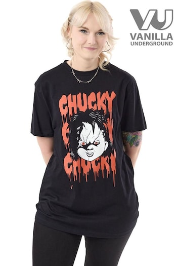 Vanilla Underground Black Unisex Adults Chucky Licensed Halloween 100% Cotton T-Shirt (AU7661) | £21