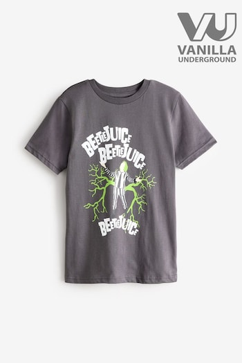 Vanilla Underground Grey Girls Beetlejuice Licensed Halloween 100% Cotton T-Shirt (AU7676) | £0