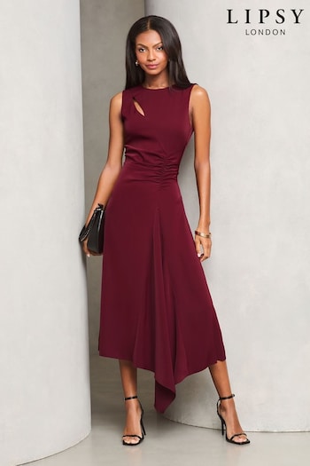 Lipsy Burgundy Red Sleeveless Ruched Front Asymmetrical Midi Dress (AU7869) | £72