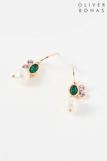 Oliver Bonas gold/green Idylla Faux Pearl Gold Tone Drop Hook Earrings (AU8228) | £18