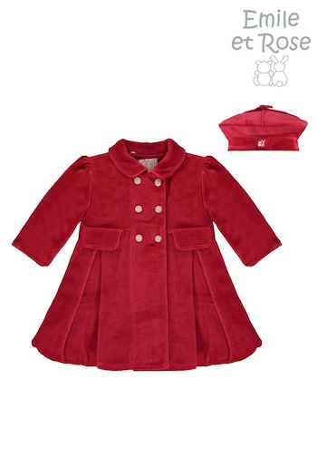 Emile et Rose Red Velour padded Coat with pleats & Beret (AU8546) | £0