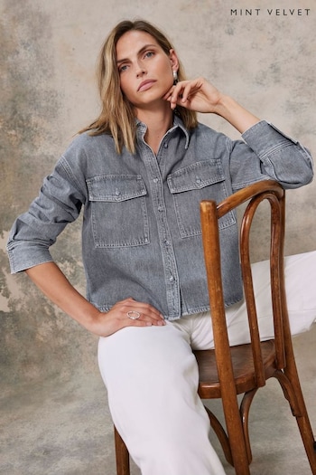 Mint Velvet Grey 100% key-chains Cropped Denim Shirt (AU8895) | £79