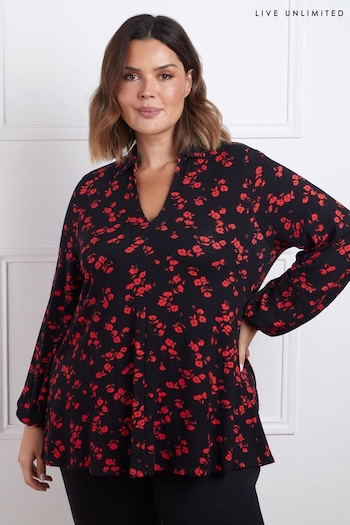 Live Unlimited Red Petite Floral Print Open Collared Top (AU8959) | £49