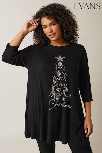 Evans 3/4 Sleeve Chrsitmas Embellished Cut And Sew Black Top (AU9201) | £36