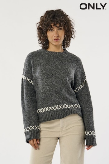 ONLY Grey Contrast Stitch Knitted Pullover Jumper (AU9219) | £35