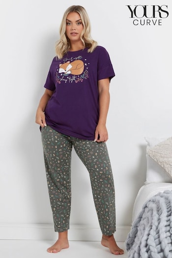 Yours Curve Purple 100% Cotton Goodnight Short Sleeve Wide Leg Pyjamas Set (AU9357) | £28