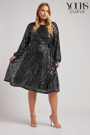 Yours Curve Silver London Sequin Long Sleeve Skater Dress (AU9364) | £63