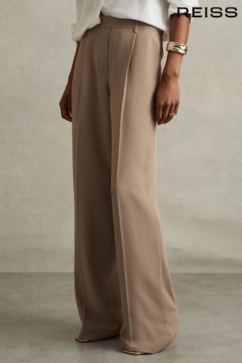 Reiss Mink Neutral Eden Petite Elasticated-Waist Wide-Leg Twill Trousers (AU9674) | £128