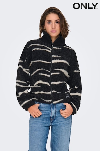 ONLY Black Zebra Animal Print Zip Up Teddy Fleece (AV0316) | £38