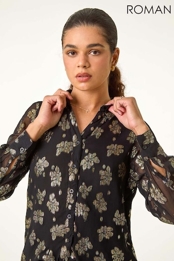 Roman Black Shimmer Foil Floral Shirt (AV0864) | £40