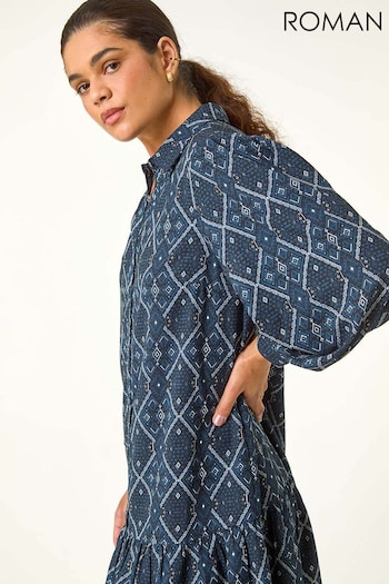 Roman Blue Geometric Print Shirt Dress (AV0869) | £40