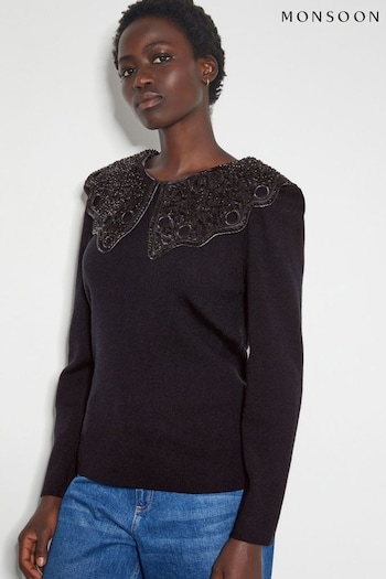 Monsoon Black Oversized Etta Beaded Collar Jumper (AV1029) | £65