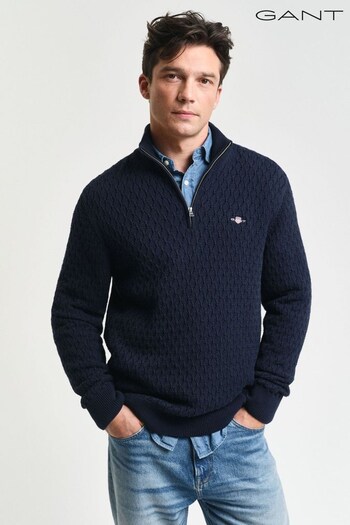 GANT Blue Textured Cotton Half Zip Jumper (AV1159) | £140