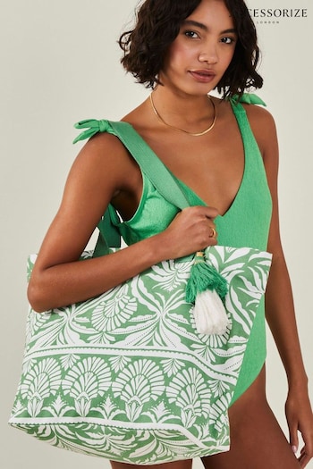 Accessorize Green Ornamental Print Tassel Tote Bag (AV1592) | £28