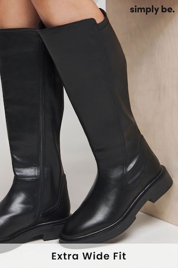 Simply Be Black Stretch Back Panel Flat Knee High Boots In Extra Wide Fit Curvy Calf (AV2285) | £55